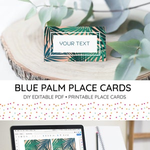 Blue Palm Printable Place Cards | DIY Editable PDF, Name cards, Food Cards, Buffet table, Tropical, Baby Shower, Bridal Shower