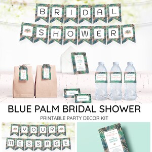 BRIDAL SHOWER Blue Palm Printable Party Decor Kit | DIY Editable, Tropical, Palm leaves, Bridal Shower, Bride to be, Bachelorette