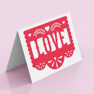 Papel Picado Love Red | Wydrukowana kartka okolicznościowa | Walentynki, Miłość, Ślub, Rocznica, Meksykański, Hiszpański, Serca