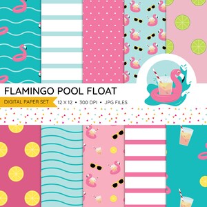 Flamingo Pool Float Digital Paper Set | Digital Scrapbooking, Paper Pattern, Summer, Pool Party, Flamingos, Background, Drink Float