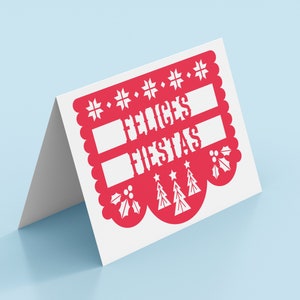 Papel Picado Felices Fiestas Rood | Afdrukbare wenskaart | Navidad, Kerstmis, Fijne Feestdagen, Fiesta, Mexicaans, Spaans, Blanco kaart