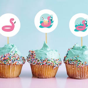 Flamingo Pool Float druckbare Cupcake Toppers | Pool Party, Aufkleber, Stroh-Topper, Sommer, Geburtstag, Junggesellinnenabschied, bbq, Mädchenparty