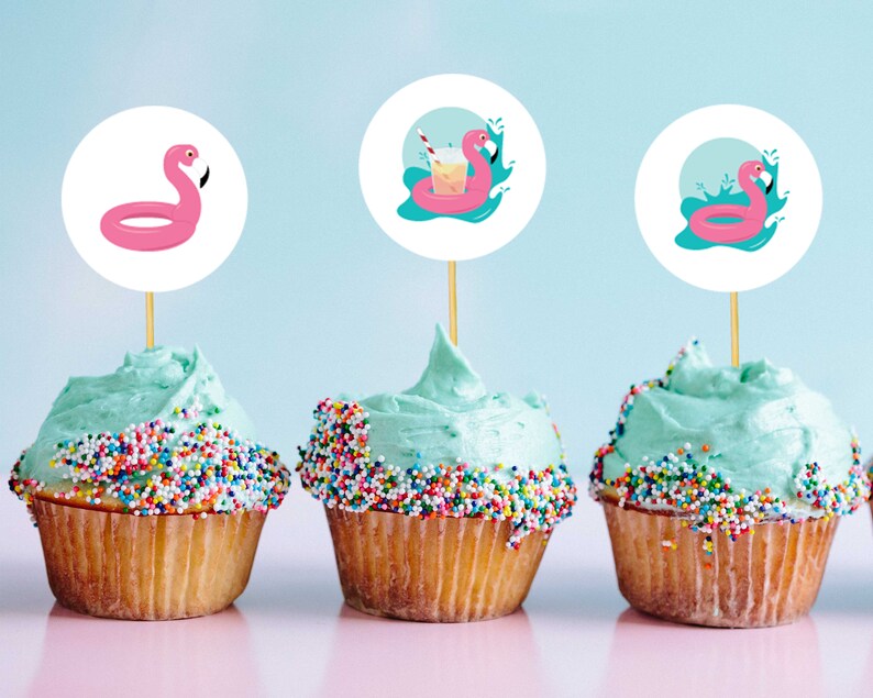 Flamingo Pool Float Printable Cupcake Toppers | Pool Party, Stickers ...
