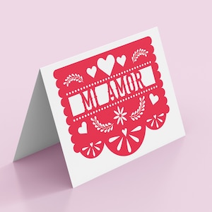 Papel Picado Mi Amor Red | Wydrukowana kartka okolicznościowa | Walentynki, Miłość, Ślub, Rocznica, Meksykański, Hiszpański, Serca