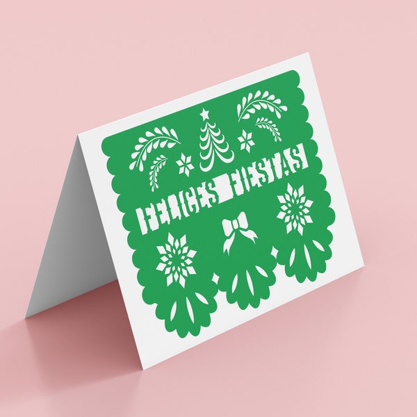 Papel Picado Felices Fiestas Green | Printable Greeting Card | Navidad, Christmas, Happy Holidays, Fiesta, Mexican, Spanish, Blank card