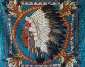 Foulard ou décoration carré de soie naturelle  peinte à la main "Amérindien"