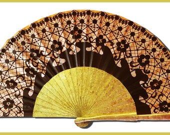 Hand-painted silk fan, wood covered with real gold leaf