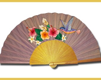 Cotton Satin fan hand painted, " Colibri de Oaxaca"