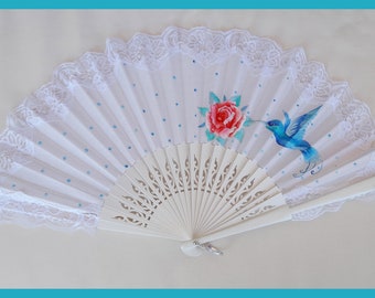 Large Cotton and lace fan hand painted,