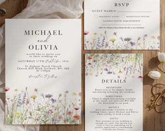 Könnte beinhalten: Hochzeitseinladungs-Set mit floralen Akzenten, mit den Namen "Michael und Olivia." Die Einladung enthält Details zur Zeremonie und zum Empfang, eine RSVP-Karte und eine Detailkarte. Das Design ist vor einem weißen Hintergrund.