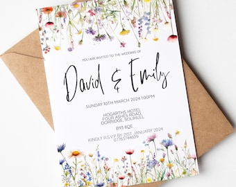 Wedding Invitations, Wild Flower Wedding or Evening Reception Invites