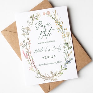 Save the Dates Cards With Envelopes Included -  Wildflower Wreath Save the Date Wedding Announcement