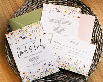 Wedding Invitations Rsvp and Info Cards, Beautiful Wildflower Wedding Invitation Pack