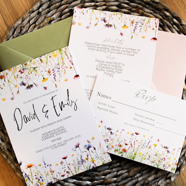 Wedding Invitations Rsvp and Info Cards, Beautiful Wildflower Wedding Invitation Pack