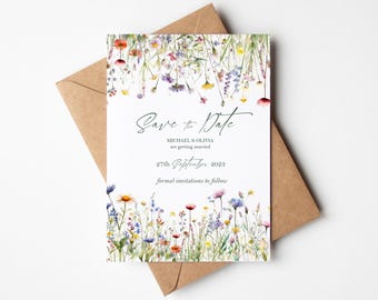 Wildflower Save the Date Cards, A6 Floral Wedding Announcement