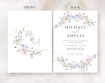 Wedding Invitations, Double Sided Wild Flower Wedding or Evening Reception Invites