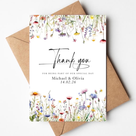 Watercolour Floral Wedding Thank You Cards – A6 Size, 300gsm Card, Colourful Envelopes