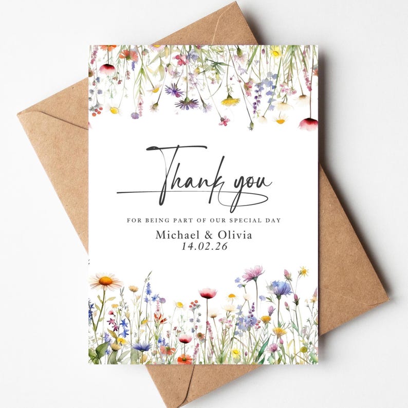 Watercolour Floral Wedding Thank You Cards – A6 Size, 300gsm Card, Colourful Envelopes image 1