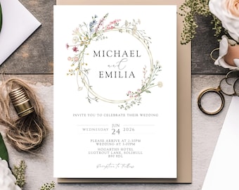 Invitaciones de boda con corona floral: elegantes invitaciones para recepción