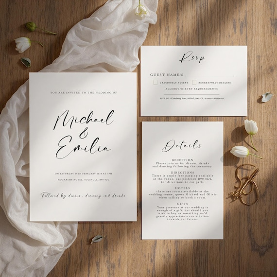 Minimal Calligraphy Wedding Invitation Set: Elegant 350gsm Cardstock