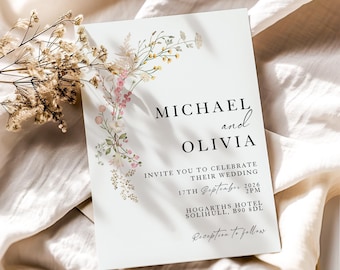 Wedding Invitations with Wildflower Design, Thick Cardstock and Custom Envelopes