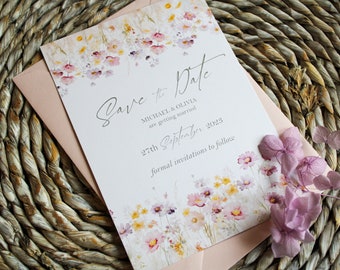 Save the Dates Cards With Envelopes Included -  Pink Floral Wildflower Save the Date Wedding Announcement