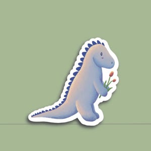 Dino mit Tulpen Sticker glänzendes Finish Dinosaurier Laptop Aufkleber Blumen ca 4,5x4,5 cm Dino