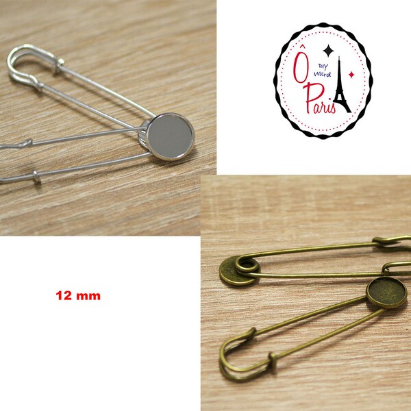 4 broche/épingles support cabochon "ronde 12 mm", argenté/bronze