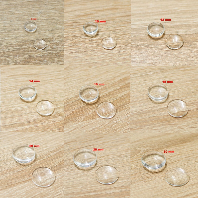 Lot de cabochons en verre dôme ronde au choix 8/10/12/14/16/18/20/25/30/35 mm, transparent image 1