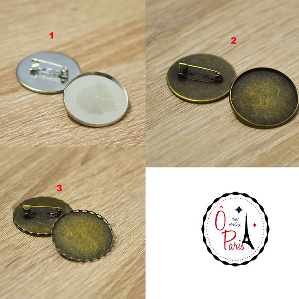 4x broches support cabochon "ronde 30 mm", argenté/bronze/bronze (dentelle)