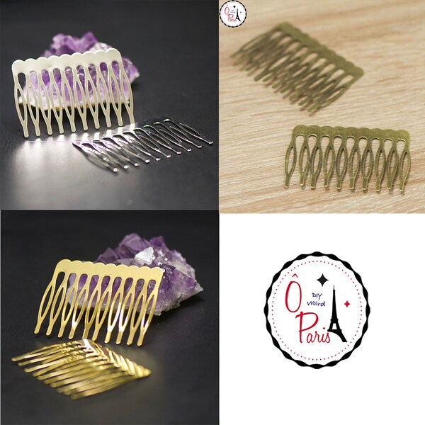 4 barrettes / combs for straight hair, 53x40mm, silver/light silver/gold/bronze