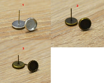 10x supports cabochon puce d'oreille "ronde 8 mm", argenté/bronze/bronze