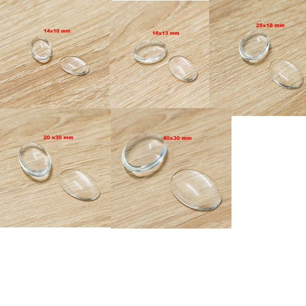 lot de cabochons en verre dôme ovale 14x10/18x13/25x18/30x20/40x30 mm, transparent