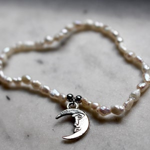 Hand-made freshwater pearl bracelet with moon charm | Authentic, small pearls | Crescent moon | Opalescent, off-white | For summer, summery