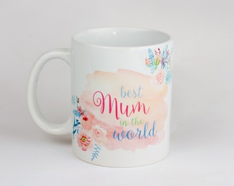 Pretty floral watercolour mug with Best Mum Mom Mummy in the World including free Arabic and personalisation options