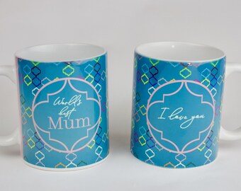 World&#39;s Best Mum Moroccan inspired teal blue mug including free Arabic and personalisation options