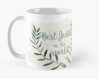Foliage pattern watercolour mug with Best Jiddu Jeddo Grandpa Poppa Grandfather in the World — free Arabic and personalisation options