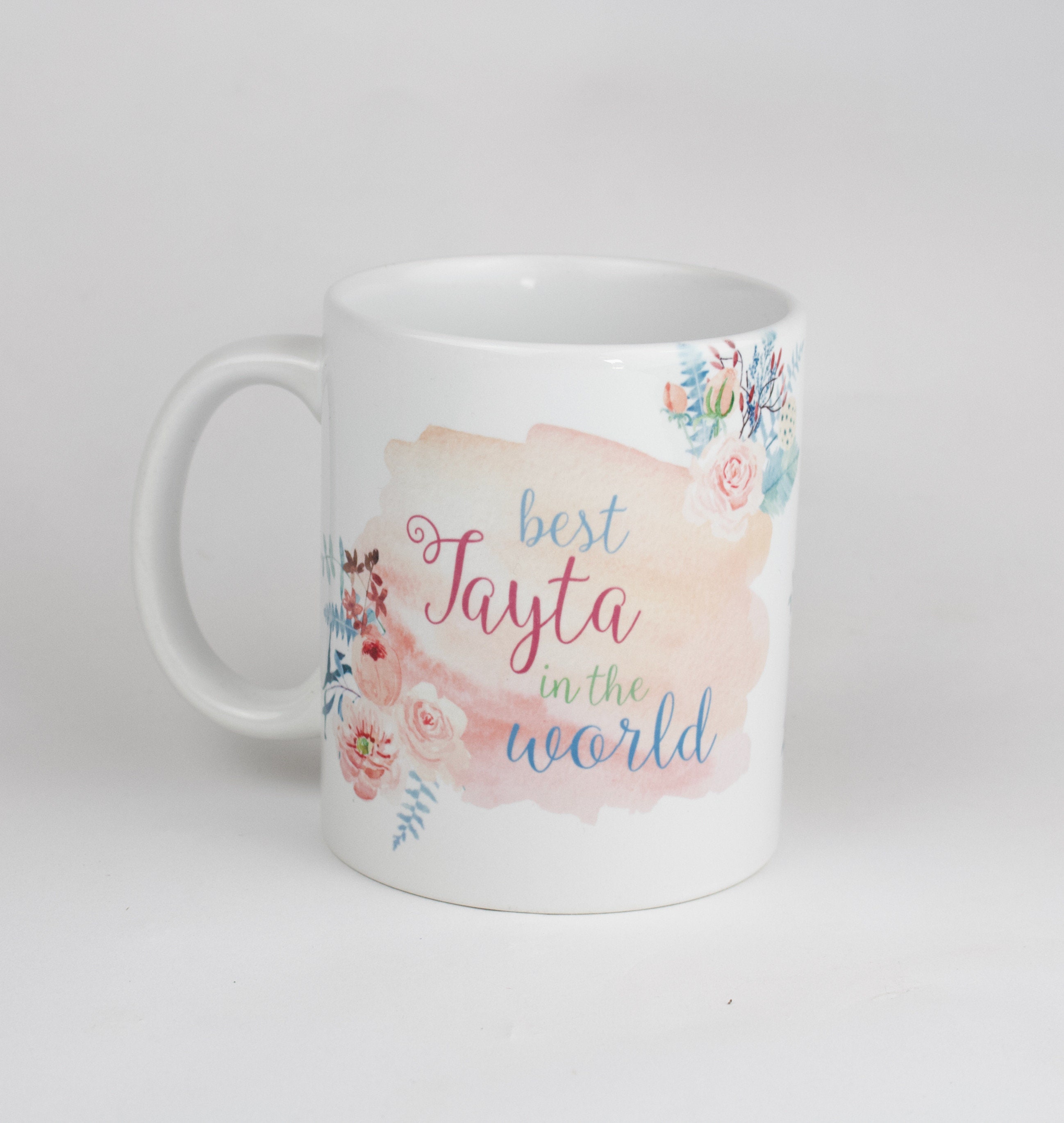 Pretty floral watercolour mug with Best Tayta Teta Grandma Nanna Nana in the World including free Arabic and personalisation options