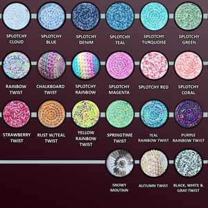 May include: A chart of 24 different crochet rug designs. The designs are named and include colors like teal, purple, yellow, and orange.