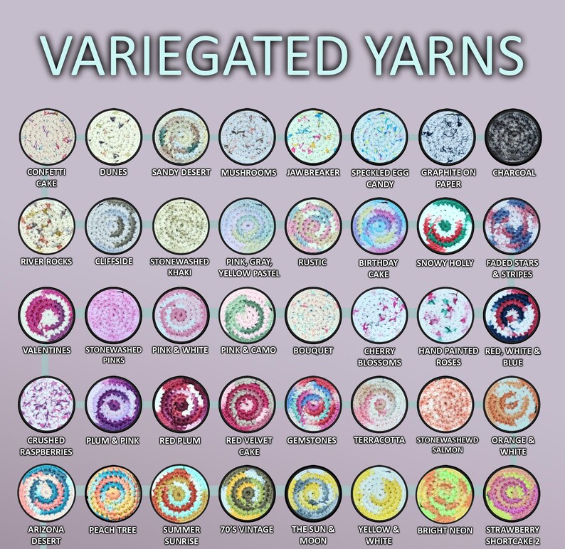 May include: A chart of 40 different variegated yarn colors, each color is represented by a crocheted circle. The yarn colors are named with descriptive names such as "Confetti Cake", "River Rocks", "Stonewashed Khaki", "Pink & White", "Crushed Raspberries", "Arizona Desert", "Peach Tree", "Summer Sunrise", "70's Vintage", "The Sun & Moon", "Yellow & White", "Bright Neon", and "Strawberry Shortcake 2".
