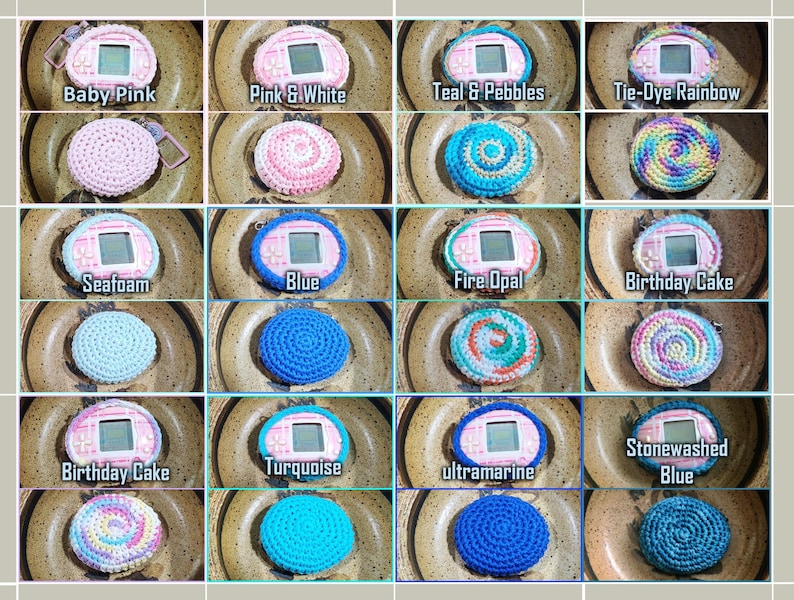 May include: A collection of 10 crochet keychains in various colors and patterns, each featuring a small digital pet device. The keychains are displayed on a brown background.