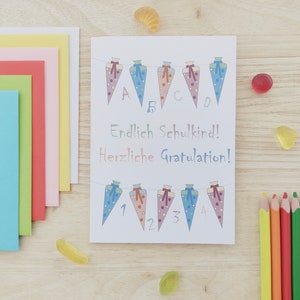 Karte Glückwunschkarte Einschulung Schuleinführung Schulstart Schulbeginn/ Gratulation Endlich Schulkind/ Zuckertüten Girlande Wimpelkette
