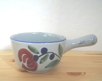 Vintage Stieltöpfchen Stieltopf Keramik Kasserolle Topf Keramiktopf grau blau Blumenmuster kleine Pfanne Buttertöpfchen Keramiktiegel Tiegel