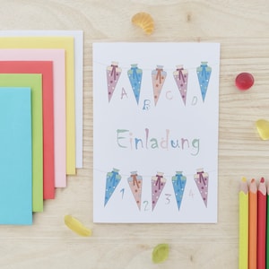 Karte Einladung Einladungskarte/ Einschulung Schuleinführung Schulstart Schulbeginn/ Endlich Schulkind/ Zuckertüten Girlande Wimpelkette
