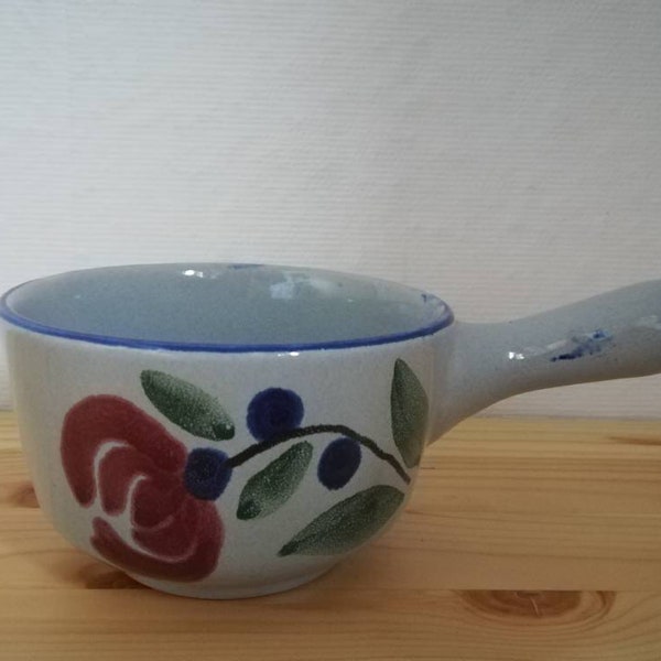 Vintage Stieltöpfchen Stieltopf Keramik Kasserolle Topf Keramiktopf grau blau Blumenmuster kleine Pfanne Buttertöpfchen Keramiktiegel Tiegel