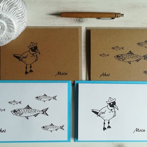Maritimes Grußkarten Karten Set Motiv Lachmöwe Möwe / "Moin" & Heringe Fische / "Ahoi" - Klappkarten Ostseeliebe Kraftpapier braun weiß blau
