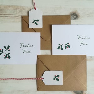 Weihnachtskarten Set handmade mit Motiv Stechpalme und Briefumschlägen aus Kraftpapier