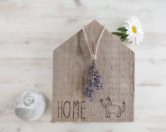 Deko Holz Haus Home Motiv Katze in Brandmalerei / großes Upcycling Holzhaus aus antikem Bauholz / natürliche Wohndeko shabby chic / Scandi