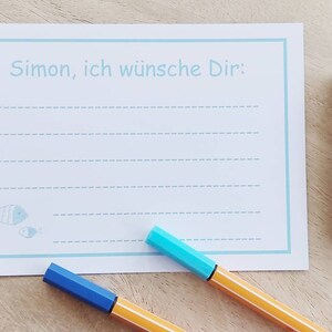 Wunschkarten Set personalisierbar - Ich wünsche Dir Karten mit Name - Fische blau / rosa - Wünsche der Gäste - Taufe Kommunion Konfirmation