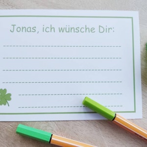 Wunschkarten Set personalisierbar - Ich wünsche Dir Karten mit Name - Motiv Kleeblatt grün - Wünsche der Gäste - Ruhestand Silberne Hochzeit